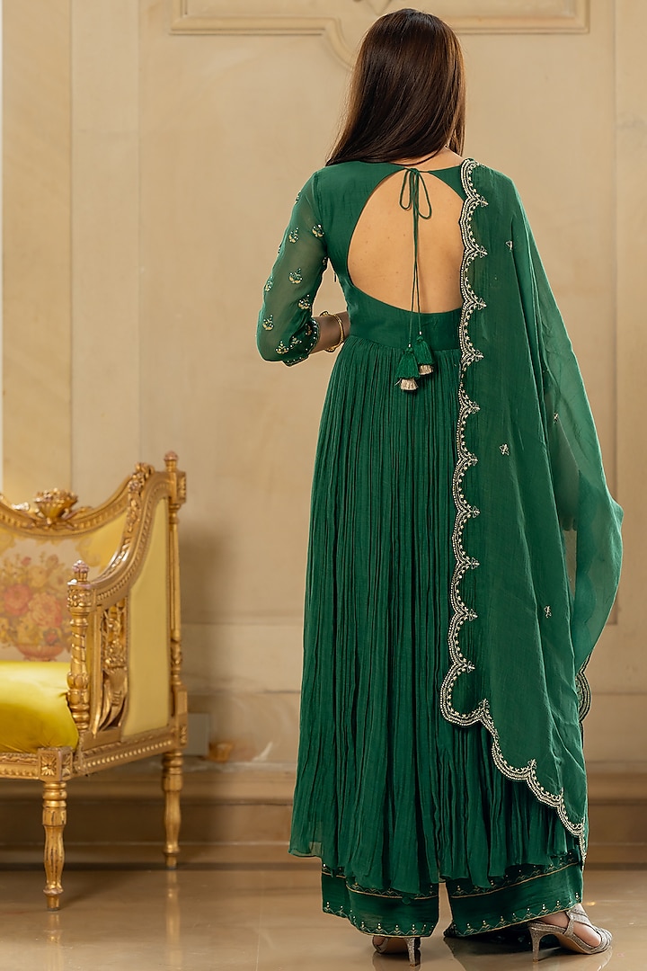 Emerald Green Mallie Chanderi Mirror Embroidered Kalidar Party Wear Anarkali Set by Paulmi & Harsh at Pernia's Pop Up Shop