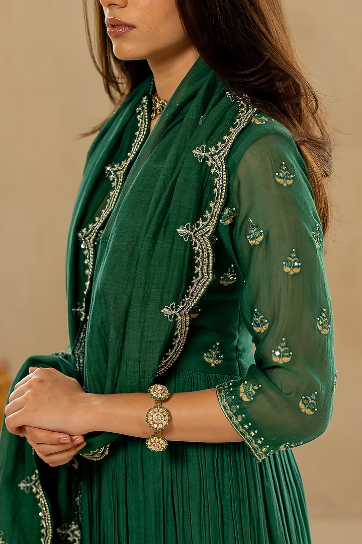 Emerald Green Mallie Chanderi Mirror Embroidered Kalidar Party Wear Anarkali Set by Paulmi & Harsh at Pernia's Pop Up Shop