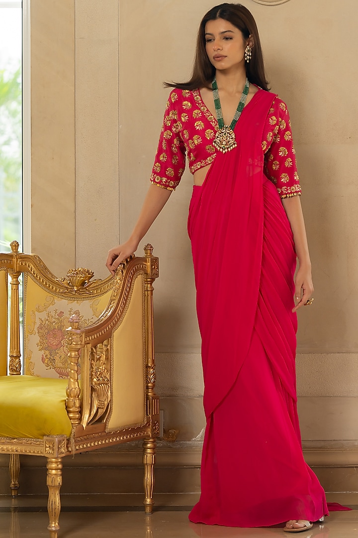 Rani Pink Georgette Pre-Stitched Saree Set by Paulmi & Harsh at Pernia's Pop Up Shop