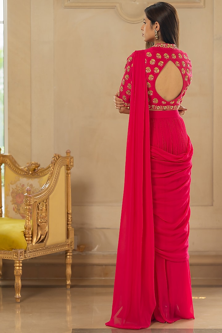 Rani Pink Georgette Pre-Stitched Wedding Saree Set by Paulmi & Harsh at Pernia's Pop Up Shop