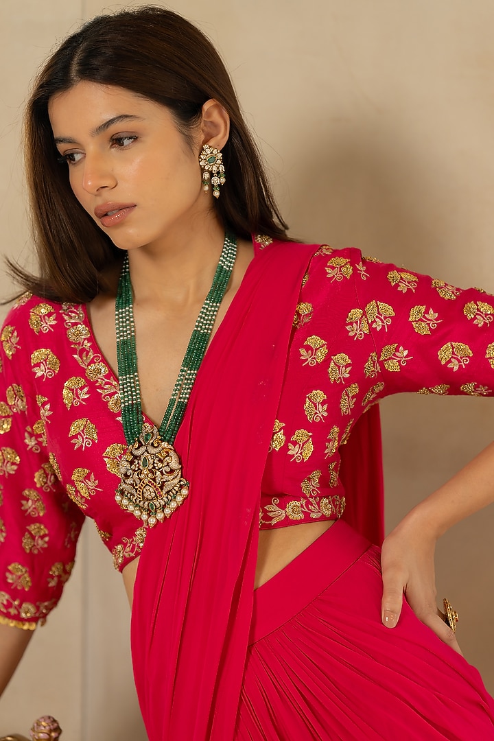 Rani Pink Georgette Pre-Stitched Wedding Saree Set by Paulmi & Harsh at Pernia's Pop Up Shop