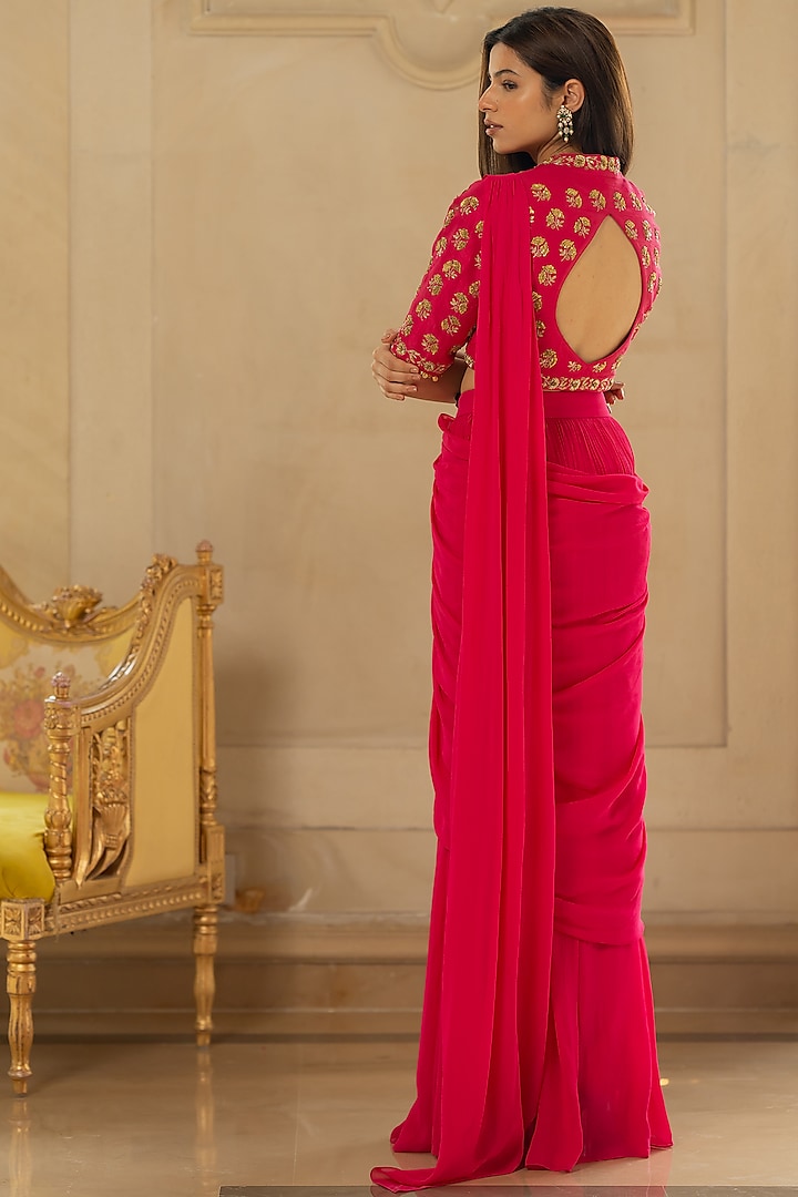 Rani Pink Georgette Pre-Stitched Wedding Saree Set by Paulmi & Harsh at Pernia's Pop Up Shop