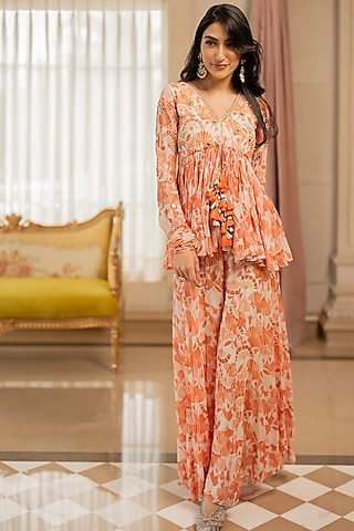 Orange Georgette Floral Printed Palazzo Set by Paulmi & Harsh