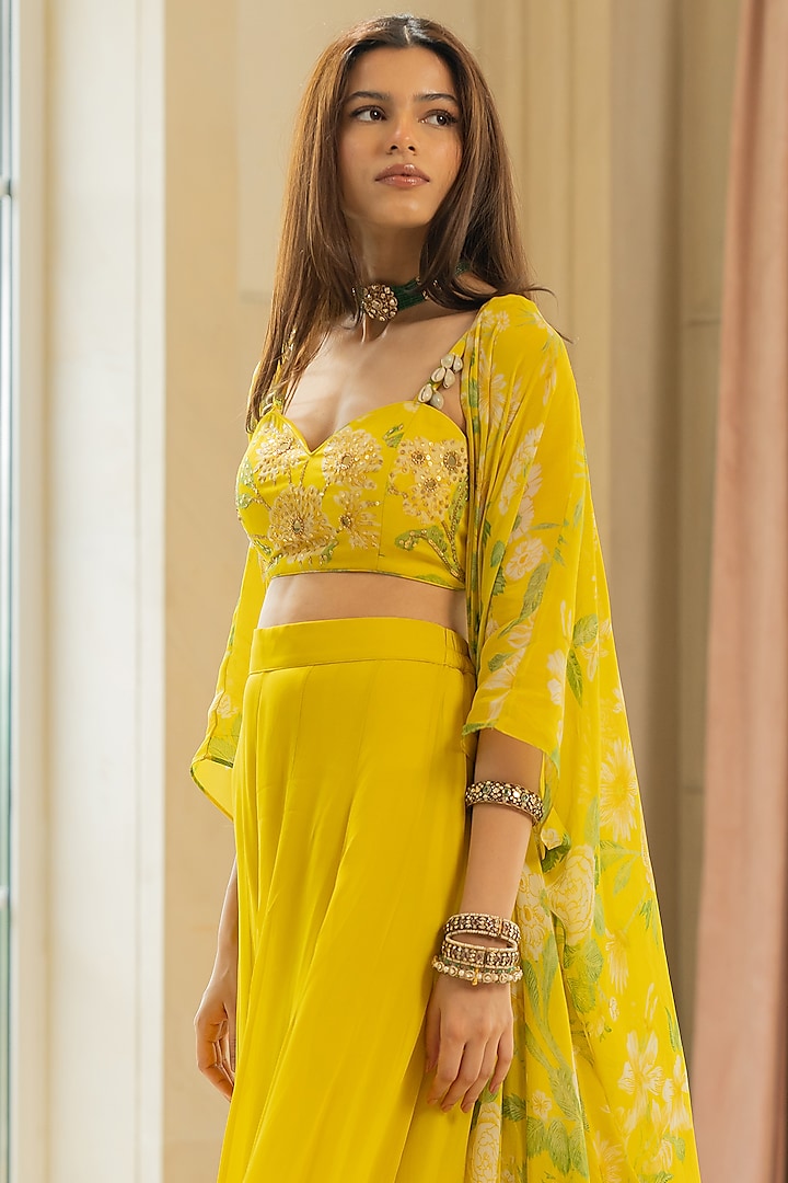 Lime Yellow Georgette Floral Printed Jacket Set by Paulmi & Harsh at Pernia's Pop Up Shop