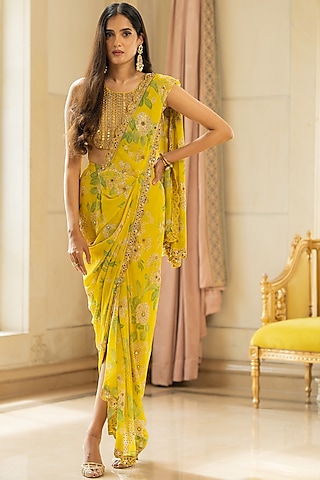 Lime Yellow Crepe Floral Printed Saree Set by Paulmi & Harsh
