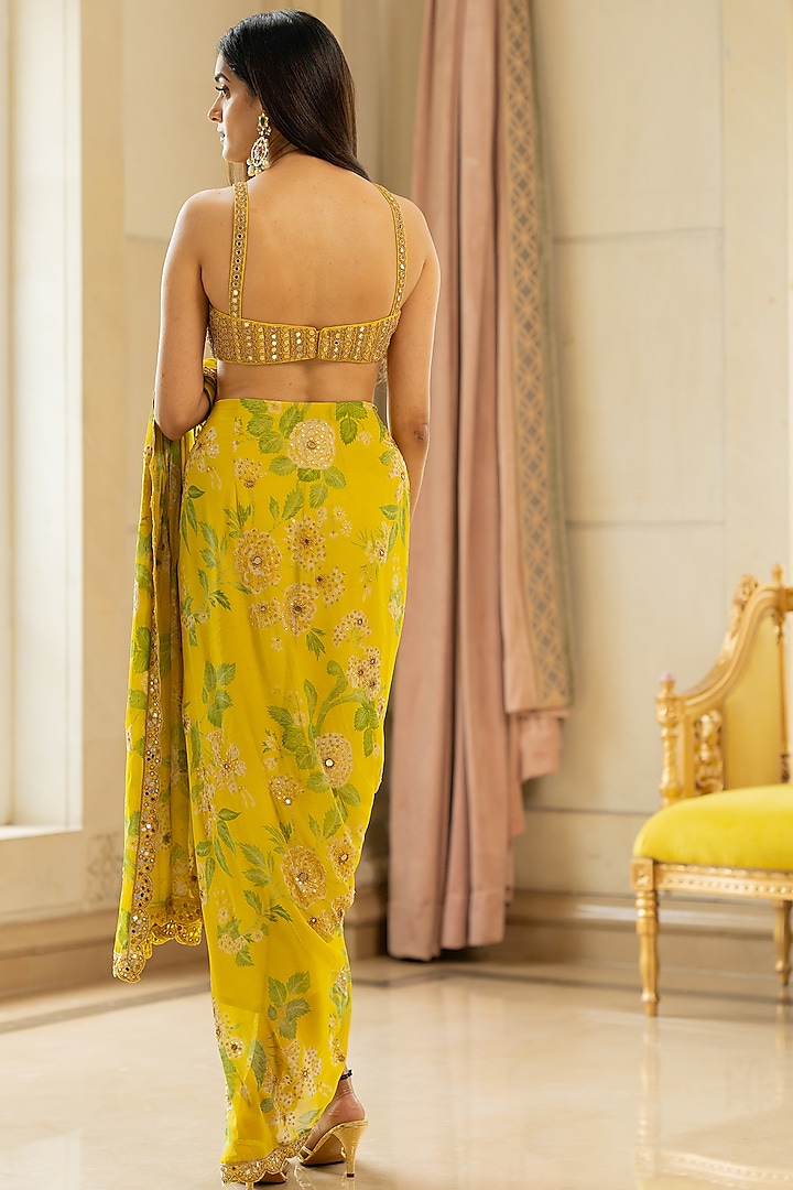 Lime Yellow Crepe Floral Printed Wedding Saree Set by Paulmi & Harsh at Pernia's Pop Up Shop