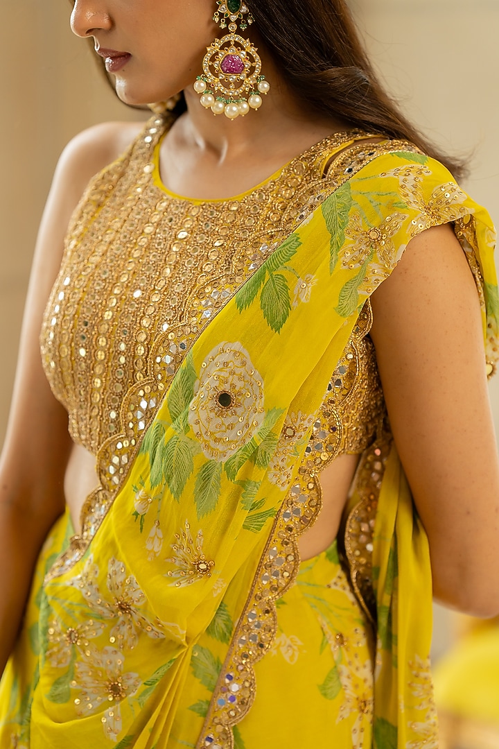Lime Yellow Crepe Floral Printed Wedding Saree Set by Paulmi & Harsh at Pernia's Pop Up Shop
