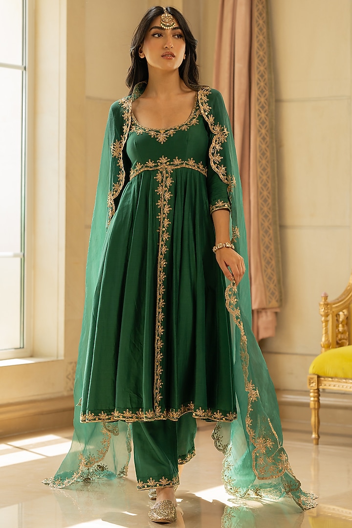 Emerald Green Chiniya Silk Resham Embroidered Anarkali Set by Paulmi & Harsh