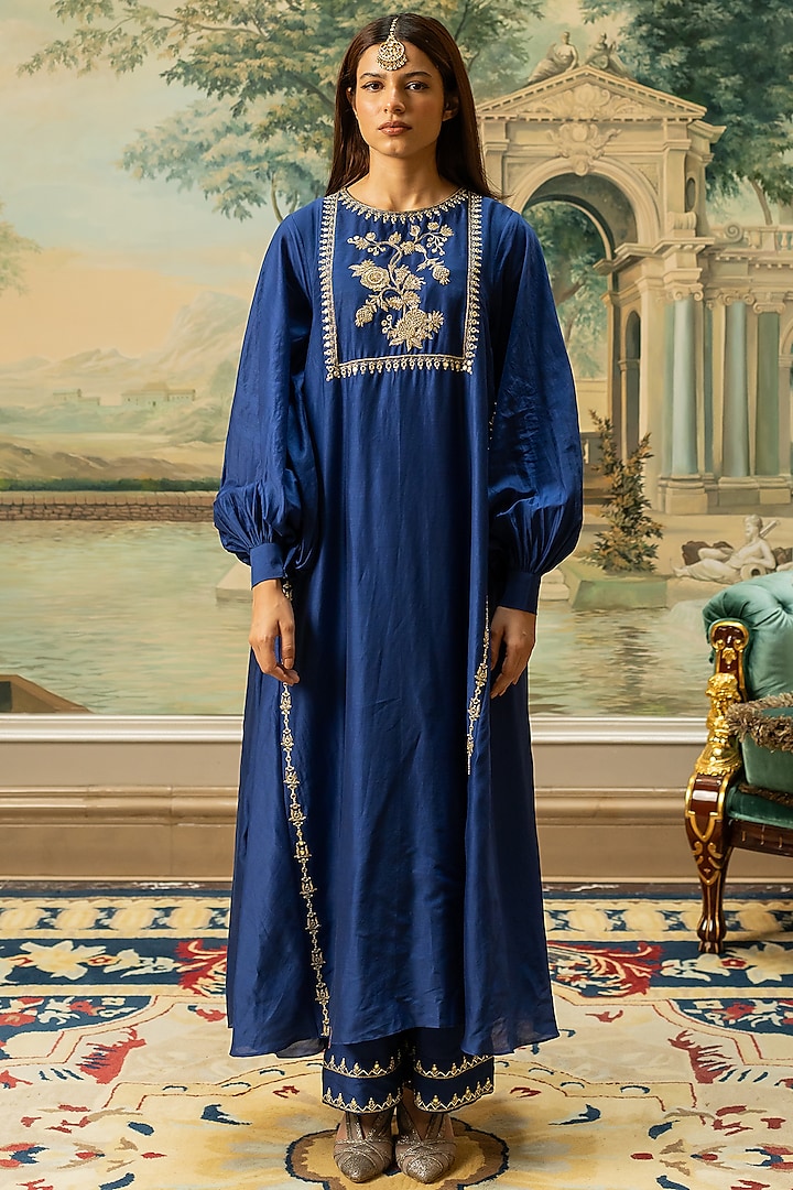 Electric Blue Chiniya Silk Motif Embroidered Kurta Set by Paulmi & Harsh at Pernia's Pop Up Shop