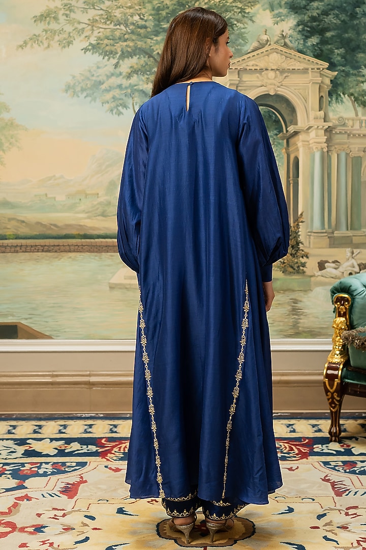 Electric Blue Chiniya Silk Motif Embroidered Kurta Set by Paulmi & Harsh at Pernia's Pop Up Shop