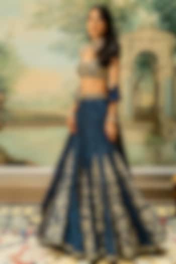 Navy Blue Russian Jacquard Embroidered Kalidar Wedding Lehenga Set by Paulmi & Harsh at Pernia's Pop Up Shop