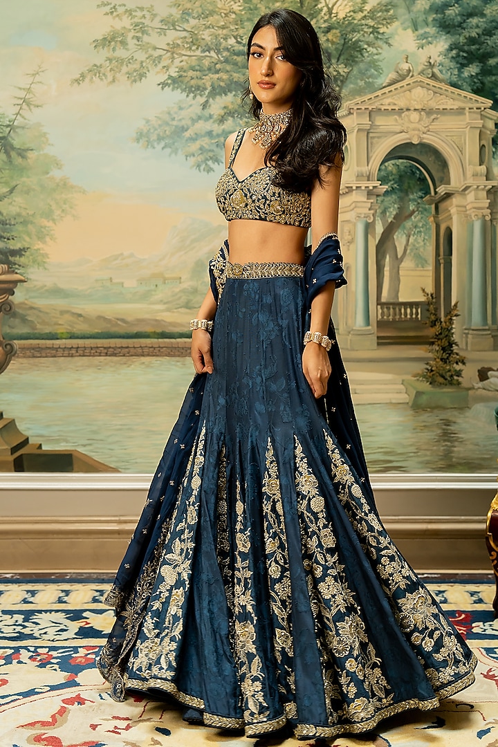 Navy Blue Russian Jacquard Embroidered Kalidar Wedding Lehenga Set by Paulmi & Harsh at Pernia's Pop Up Shop