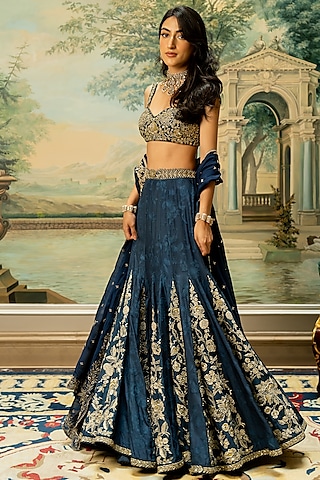 Navy Blue Russian Jacquard Embroidered Kalidar Lehenga Set by Paulmi & Harsh