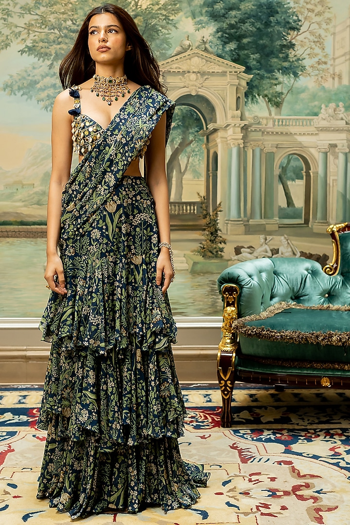 Navy Blue Georgette Printed Pre-Stitched Wedding Saree Set by Paulmi & Harsh at Pernia's Pop Up Shop