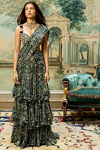 Navy Blue Georgette Printed Pre-Stitched Saree Set by Paulmi & Harsh