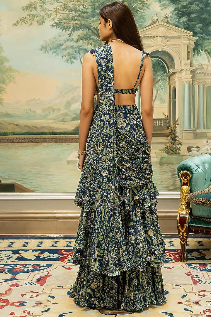 Navy Blue Georgette Printed Pre-Stitched Wedding Saree Set by Paulmi & Harsh at Pernia's Pop Up Shop