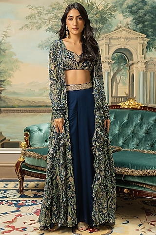 Navy Blue Georgette Printed Jacket Set by Paulmi & Harsh