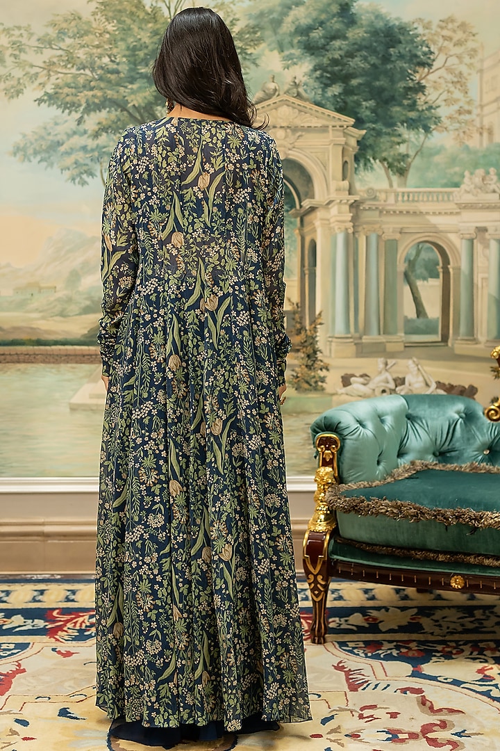 Navy Blue Georgette Printed Jacket Set by Paulmi & Harsh at Pernia's Pop Up Shop