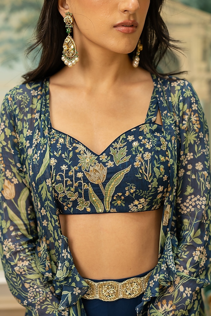 Navy Blue Georgette Printed Jacket Set by Paulmi & Harsh at Pernia's Pop Up Shop