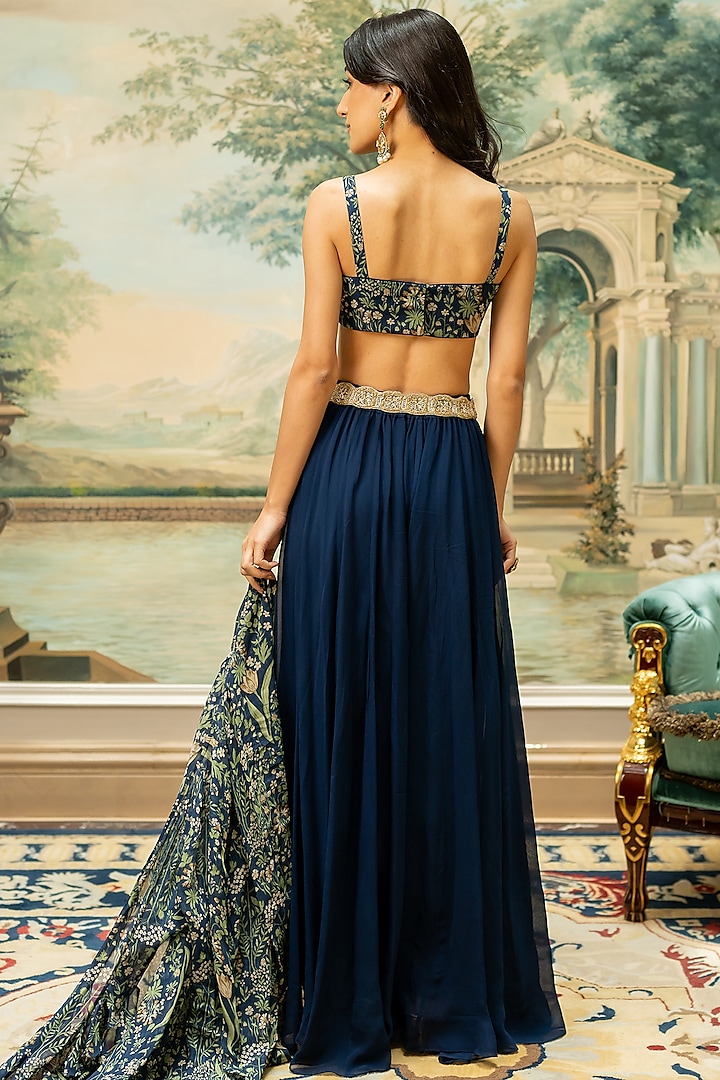 Navy Blue Georgette Printed Jacket Set by Paulmi & Harsh at Pernia's Pop Up Shop