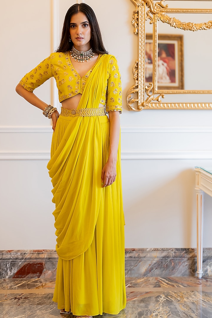 Lime Yellow Georgette Pre-Stitched Saree Set by Paulmi & Harsh at Pernia's Pop Up Shop