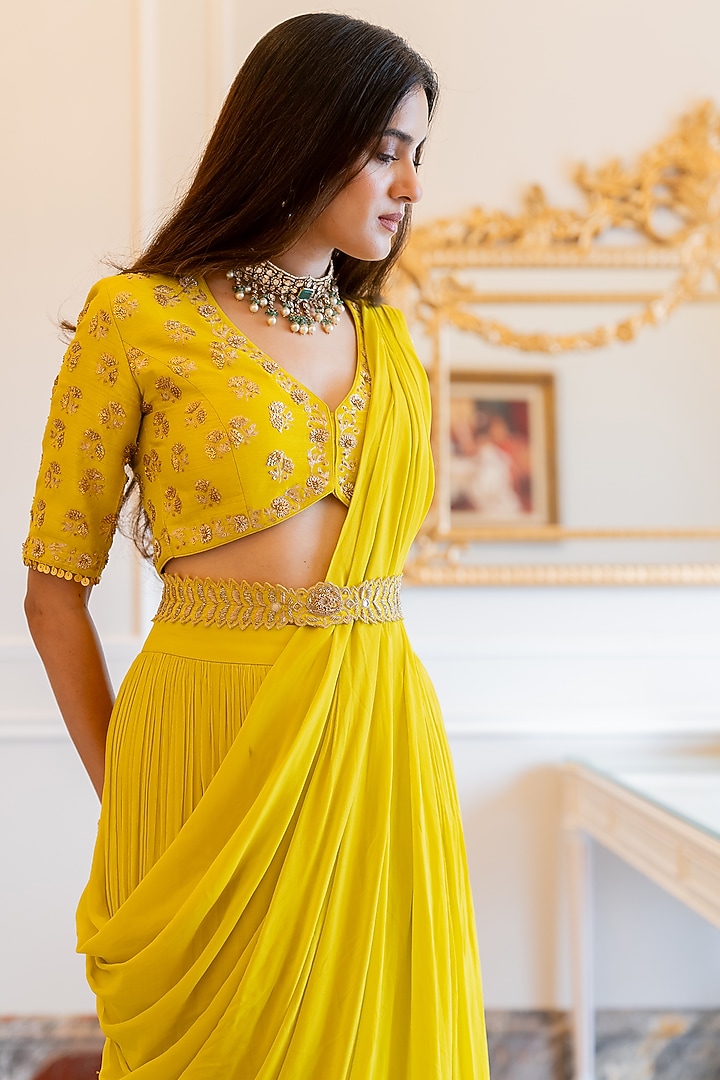 Lime Yellow Georgette Pre-Stitched Wedding Saree Set by Paulmi & Harsh at Pernia's Pop Up Shop