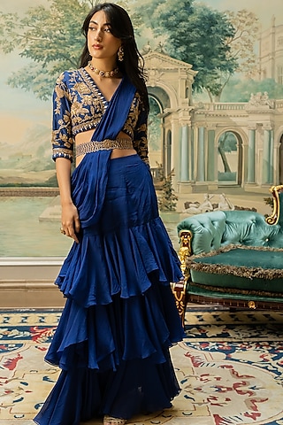 Electric Blue Organza Saree Set by Paulmi & Harsh