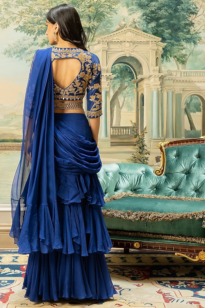 Electric Blue Organza Wedding Saree Set by Paulmi & Harsh at Pernia's Pop Up Shop