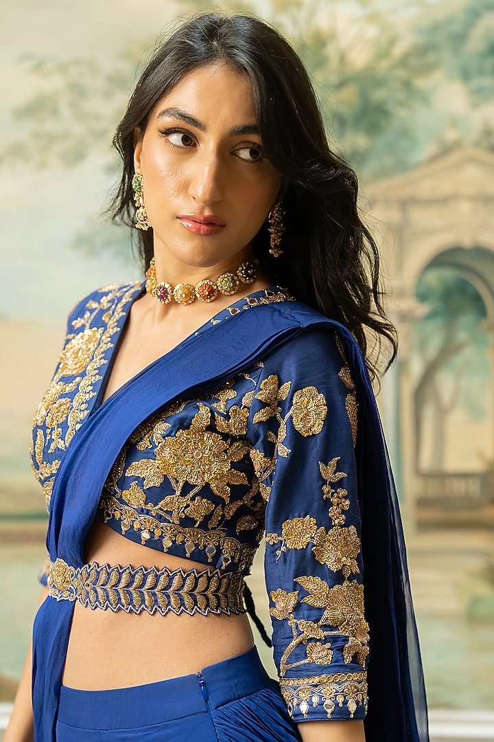Electric Blue Organza Wedding Saree Set by Paulmi & Harsh at Pernia's Pop Up Shop