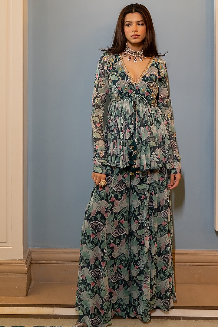 Turquoise Green Georgette Floral Printed Palazzo Set by Paulmi & Harsh at Pernia's Pop Up Shop