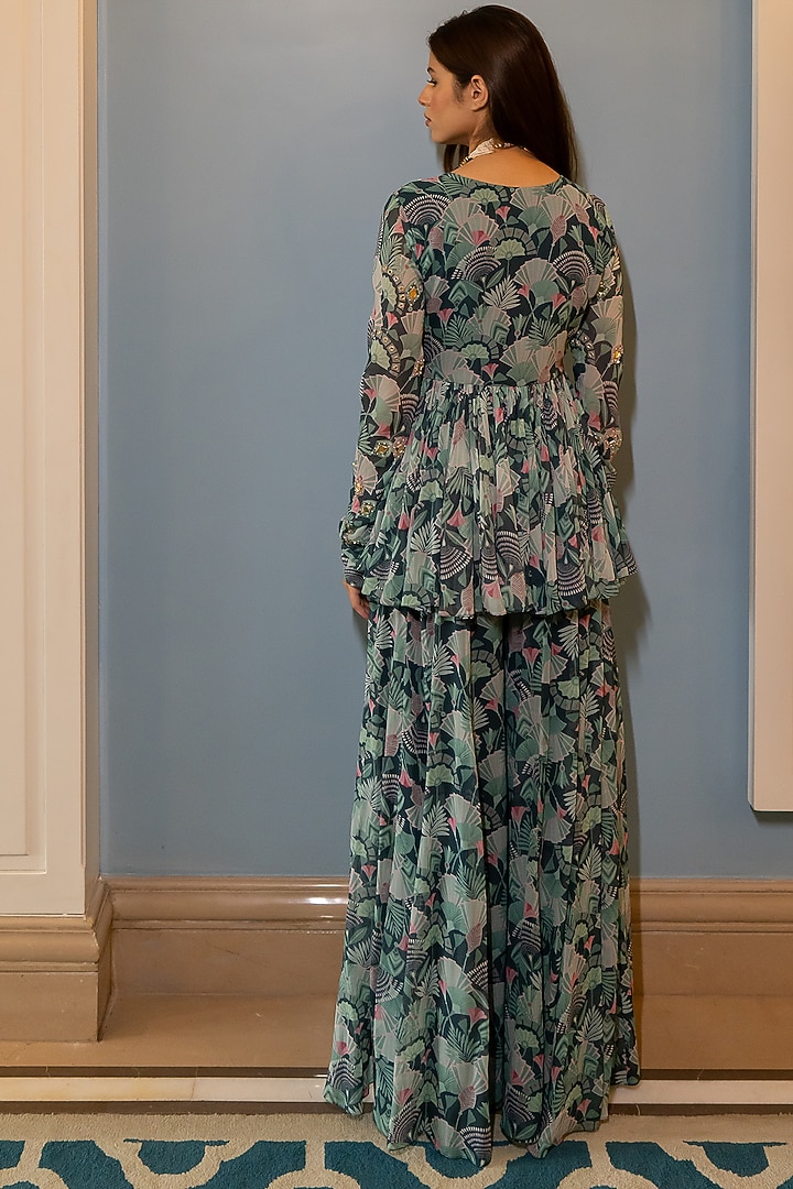 Turquoise Green Georgette Floral Printed Palazzo Set by Paulmi & Harsh at Pernia's Pop Up Shop