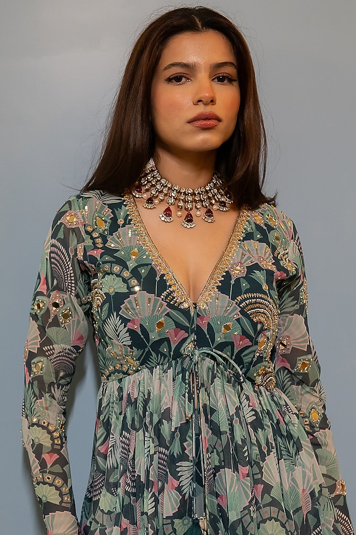 Turquoise Green Georgette Floral Printed Palazzo Set by Paulmi & Harsh at Pernia's Pop Up Shop