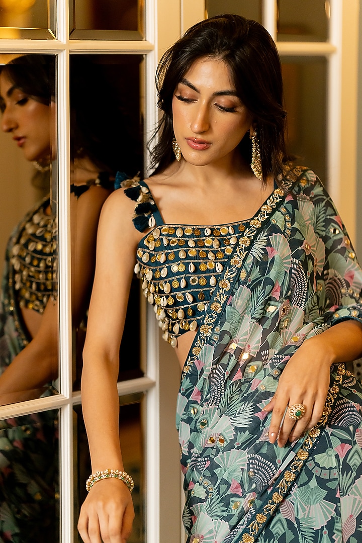Turquoise Green Georgette Floral Printed Pre-Draped Wedding Saree Set by Paulmi & Harsh at Pernia's Pop Up Shop
