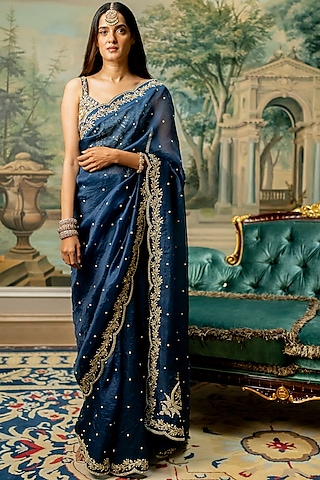 Deep Blue Organza Embroidered Saree Set by Paulmi & Harsh