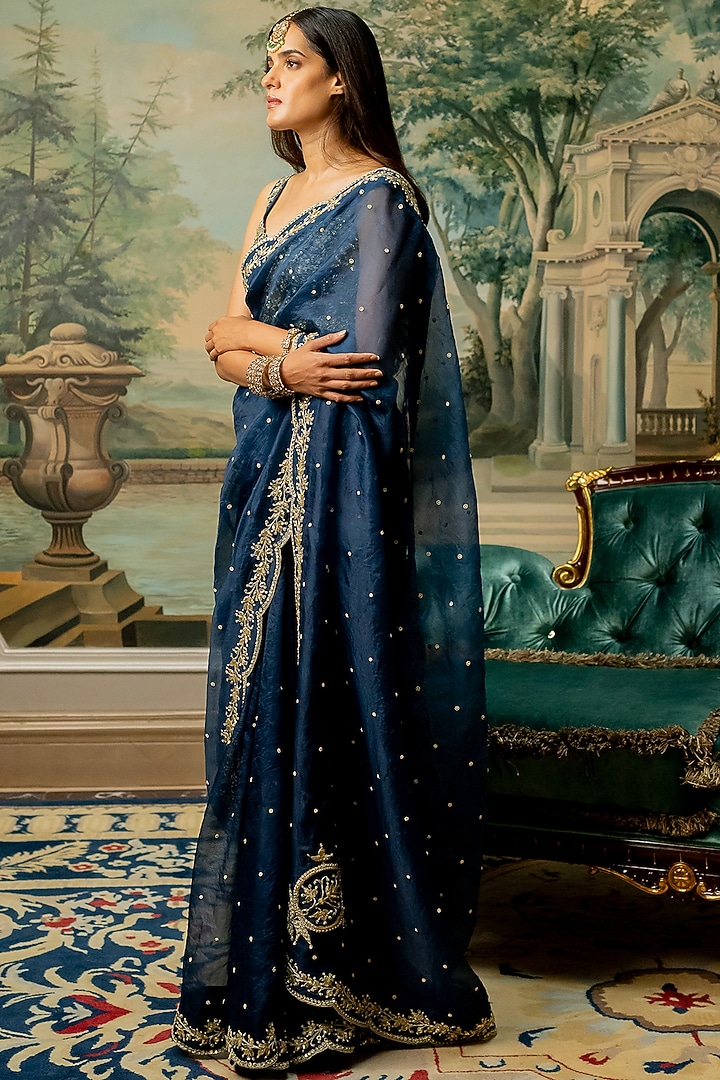 Deep Blue Organza Embroidered Wedding Saree Set by Paulmi & Harsh at Pernia's Pop Up Shop