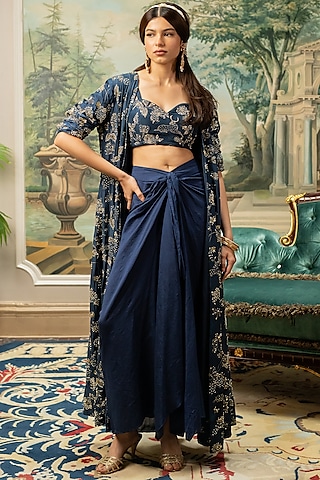 Navy Blue Russian Jacquard Jungle Printed Jacket Set by Paulmi & Harsh