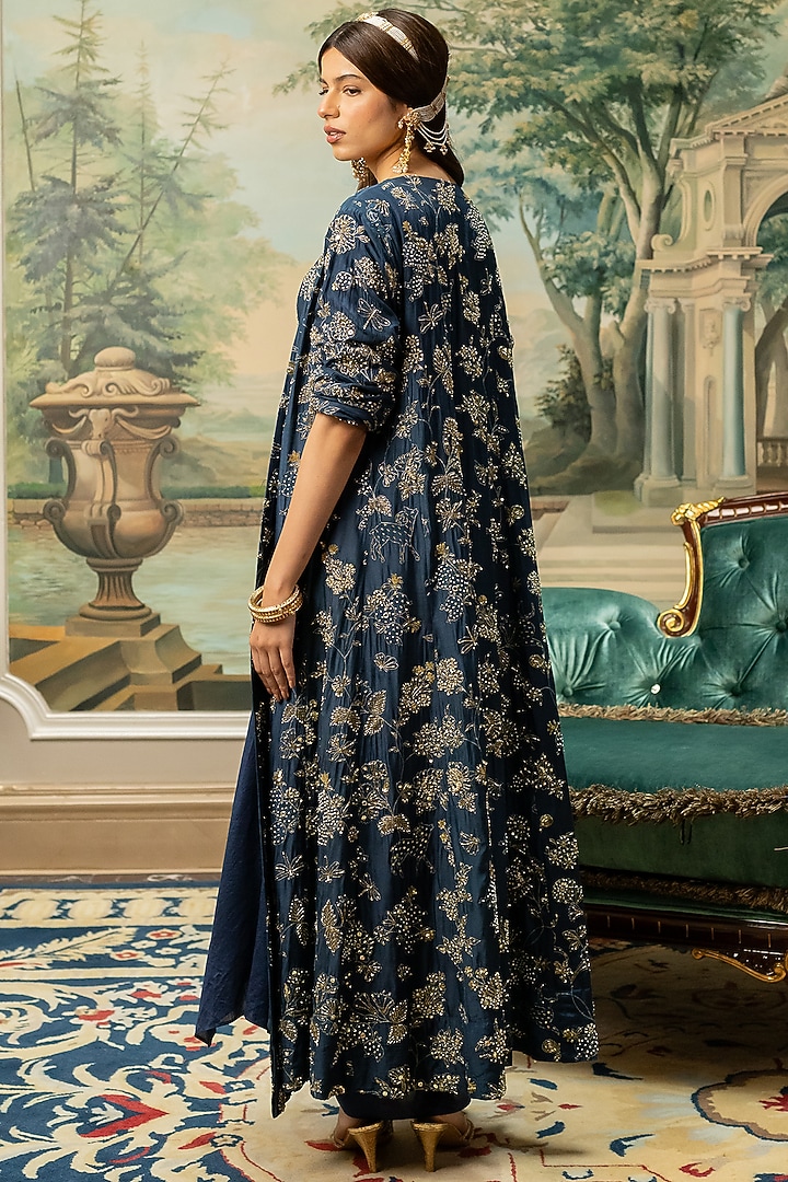 Navy Blue Russian Jacquard Jungle Printed Jacket Set by Paulmi & Harsh at Pernia's Pop Up Shop