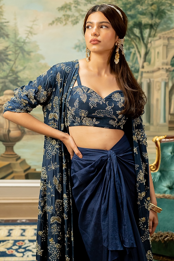Navy Blue Russian Jacquard Jungle Printed Jacket Set by Paulmi & Harsh at Pernia's Pop Up Shop