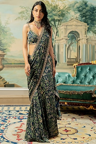 Navy Blue Georgette Printed Pre-Stitched Saree Set by Paulmi & Harsh