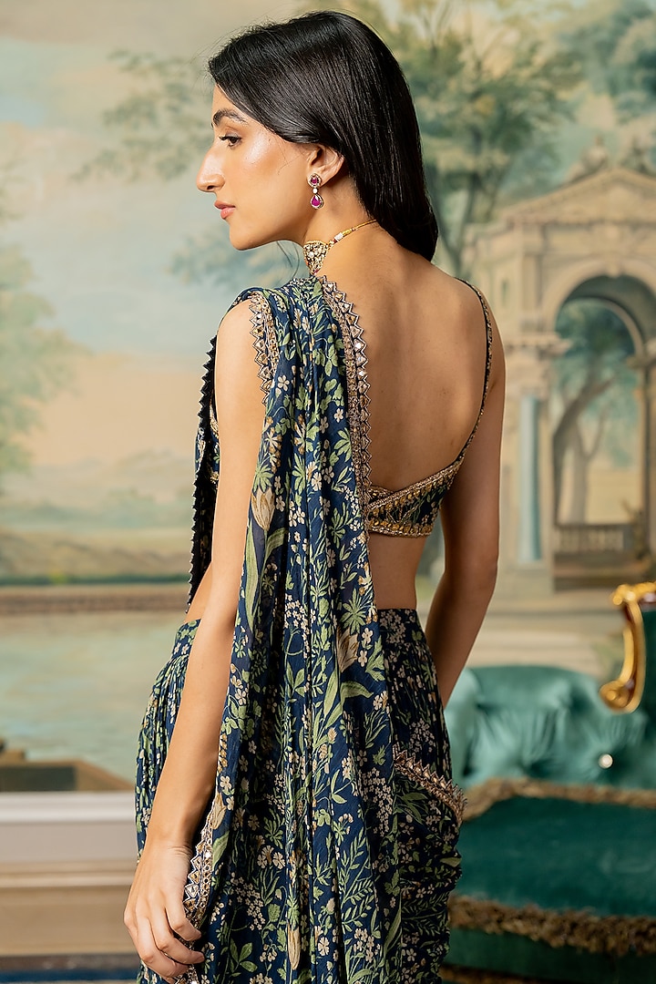 Navy Blue Georgette Printed Pre-Stitched Wedding Saree Set by Paulmi & Harsh at Pernia's Pop Up Shop