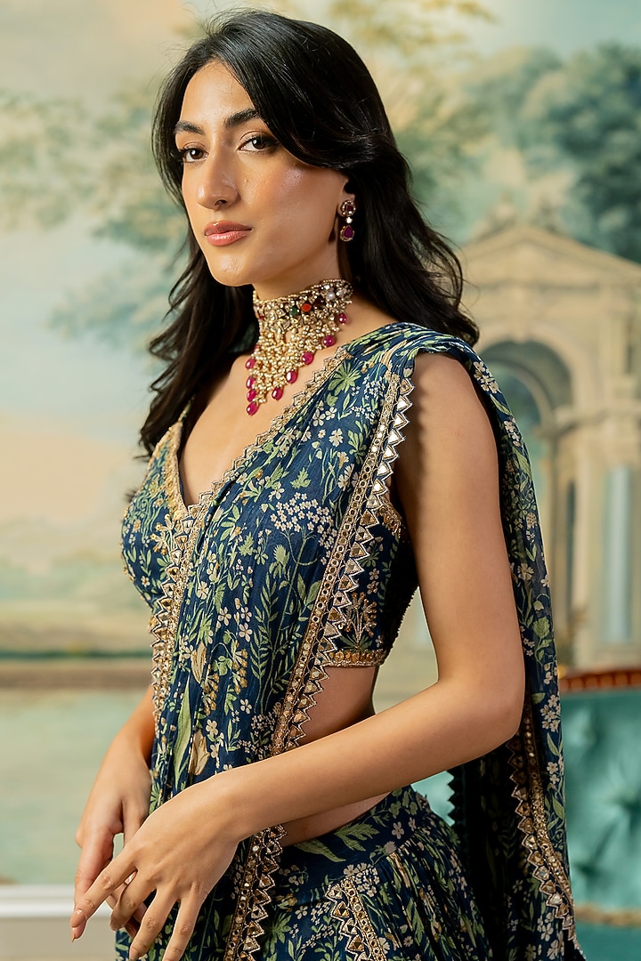 Navy Blue Georgette Printed Pre-Stitched Wedding Saree Set by Paulmi & Harsh at Pernia's Pop Up Shop