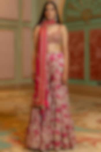Pink Zari Satin Geometric Floral Printed Wedding Sharara Lehenga Set by Paulmi & Harsh at Pernia's Pop Up Shop