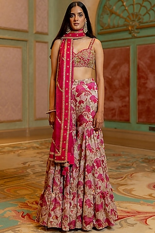 Pink Zari Satin Geometric Floral Printed Sharara Lehenga Set by Paulmi & Harsh