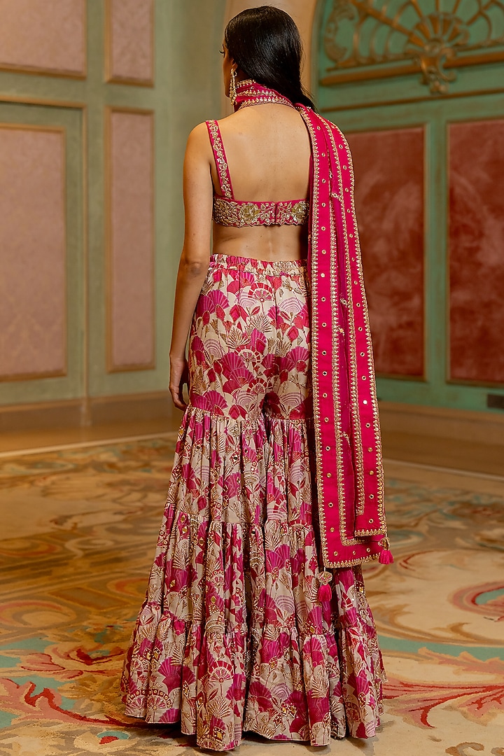 Pink Zari Satin Geometric Floral Printed Wedding Sharara Lehenga Set by Paulmi & Harsh at Pernia's Pop Up Shop