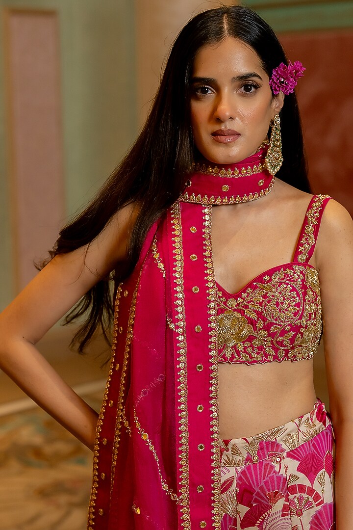 Pink Zari Satin Geometric Floral Printed Wedding Sharara Lehenga Set by Paulmi & Harsh at Pernia's Pop Up Shop
