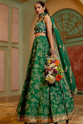 Emerald Green Russian Jacquard Self-Woven Lehenga Set by Paulmi & Harsh