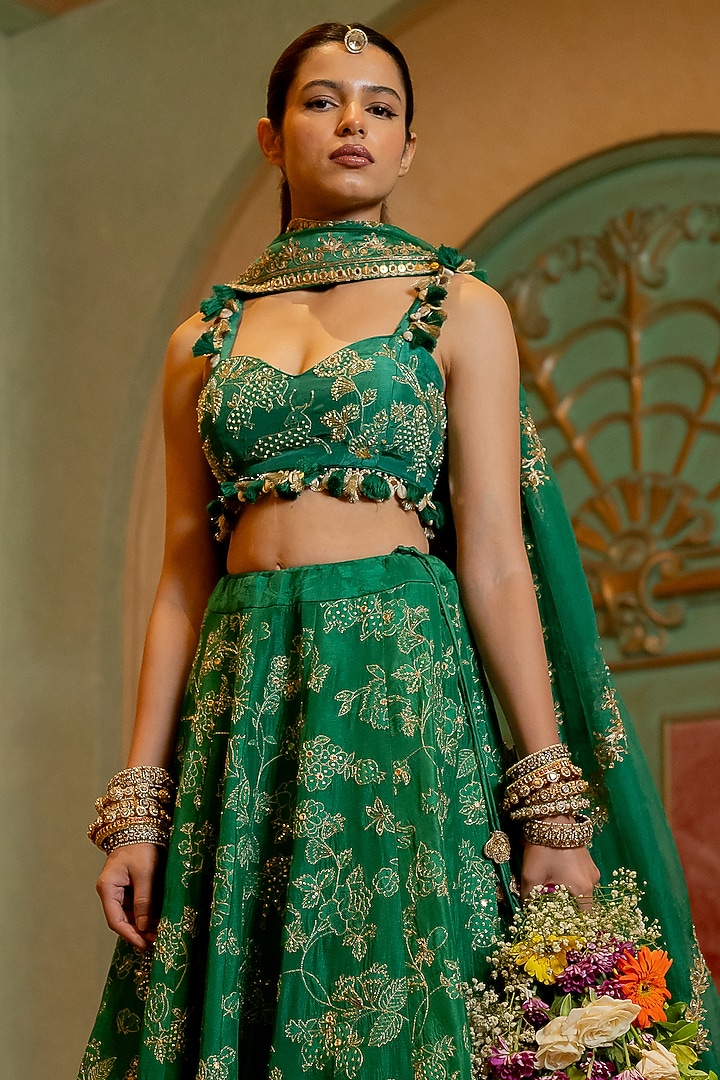 Emerald Green Russian Jacquard Self-Woven Wedding Lehenga Set by Paulmi & Harsh at Pernia's Pop Up Shop