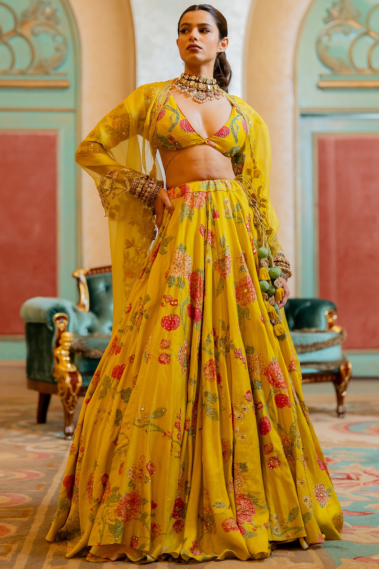 Lime Yellow Chiniya Silk Floral Printed Wedding Lehenga Set by