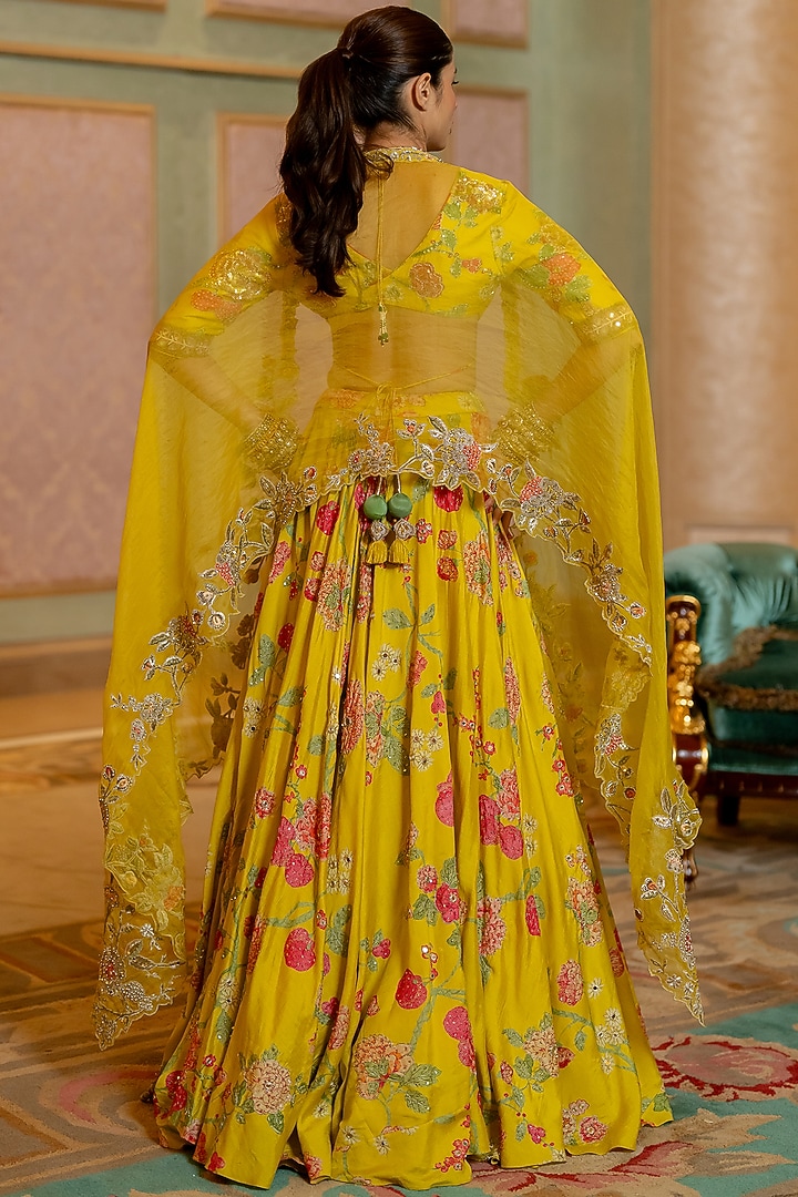 Lime Yellow Chiniya Silk Floral Printed Wedding Lehenga Set by Paulmi & Harsh at Pernia's Pop Up Shop