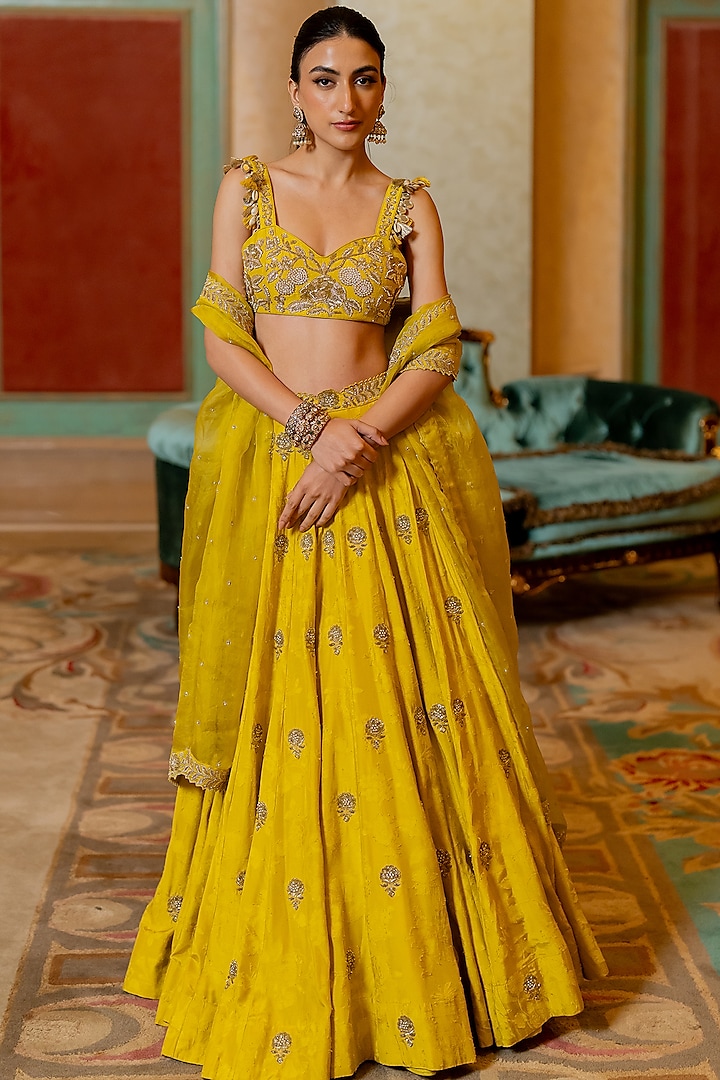 Lime Yellow Russian Jacquard Self-Woven Lehenga Set by Paulmi & Harsh